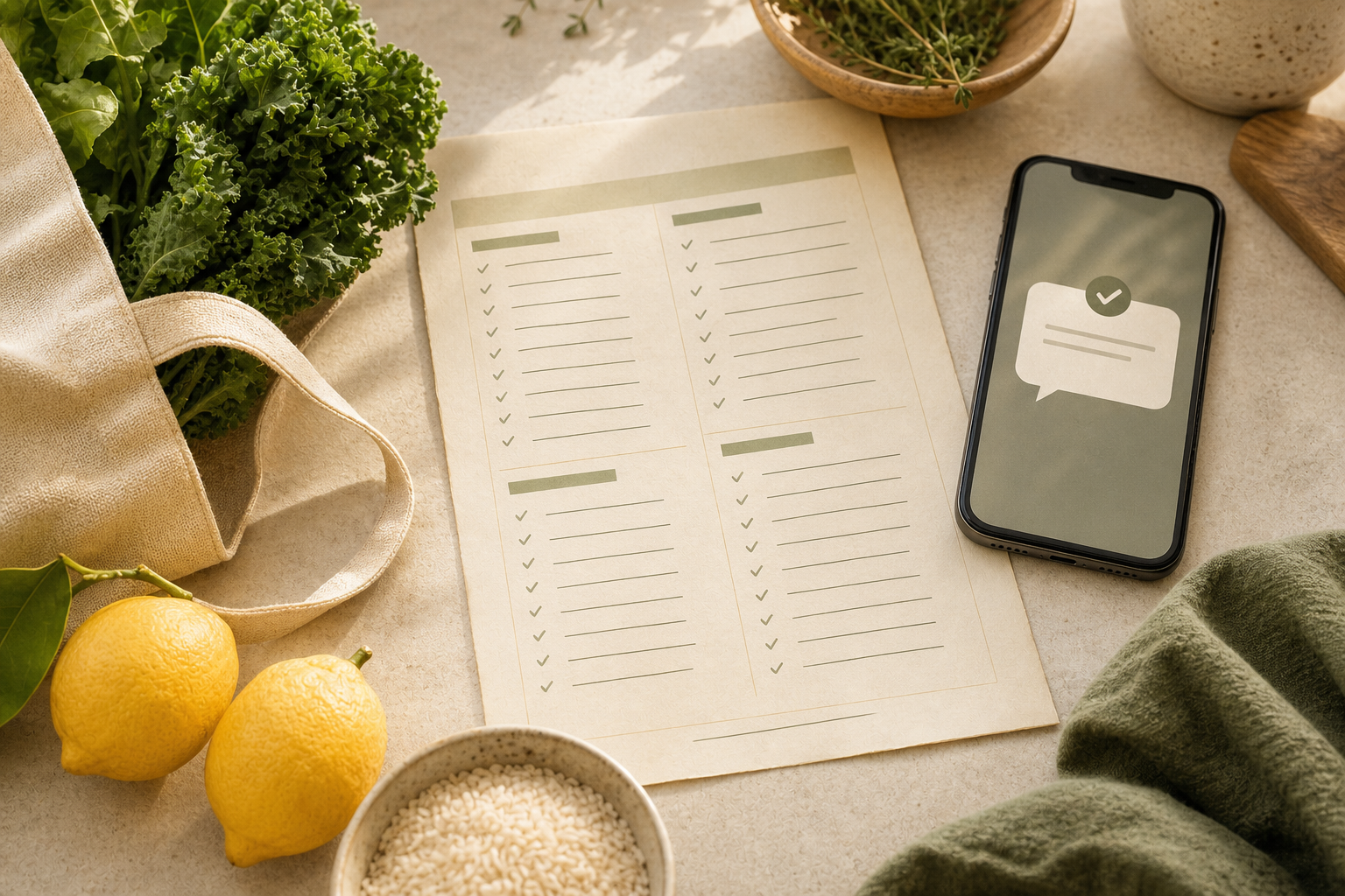 Approved grocery list with checkmarks, fresh greens, lemons, rice, and a phone