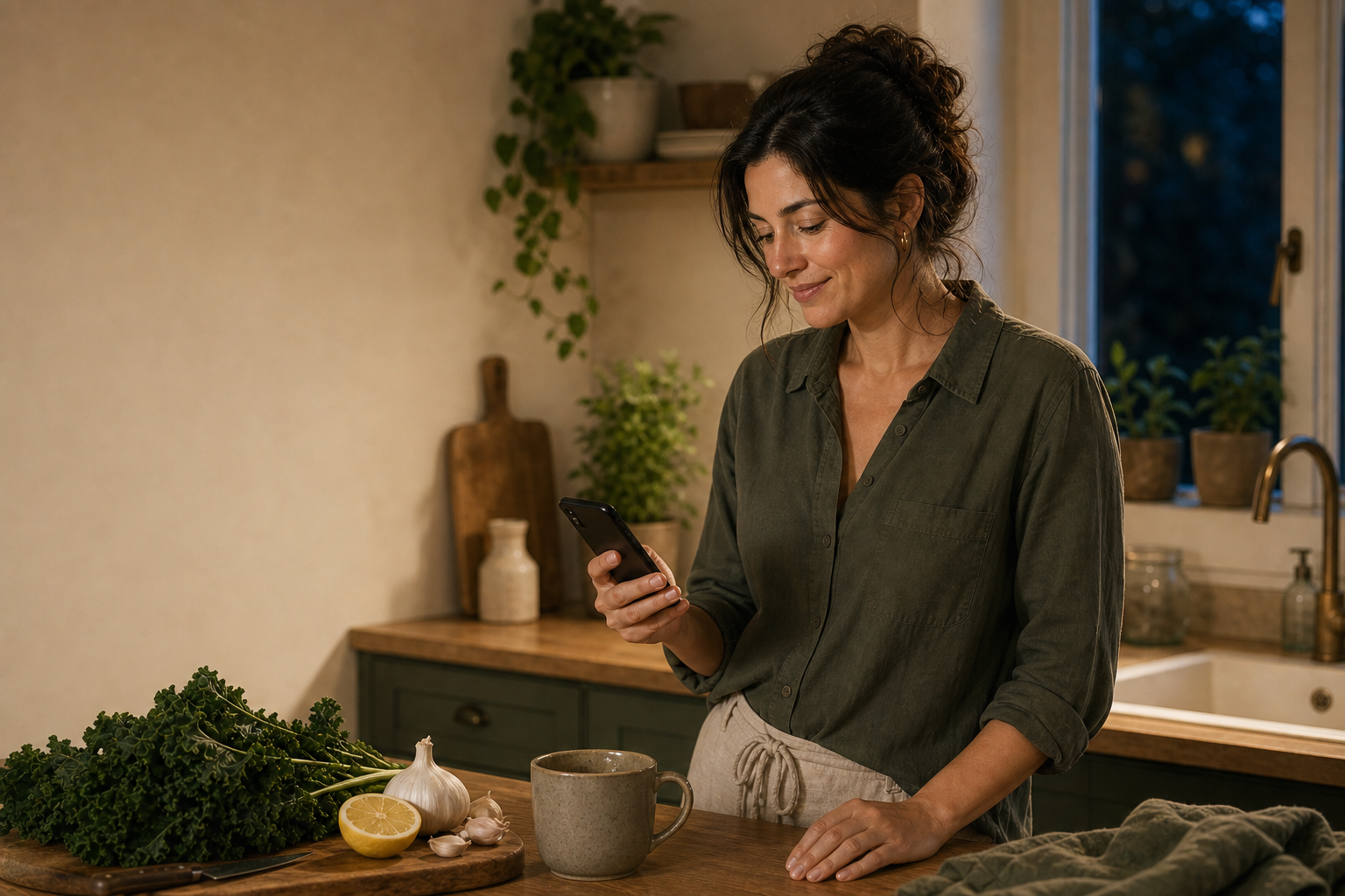 Person texting Luna at a kitchen counter in warm evening light